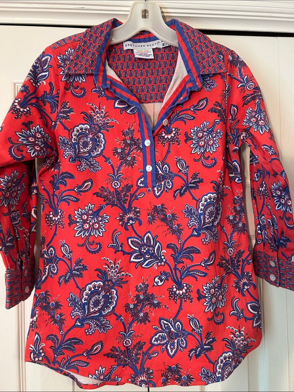 Gretchen Scott Designs Sz M Red Paisley Button-Front Polo Shirt with Navy Detail